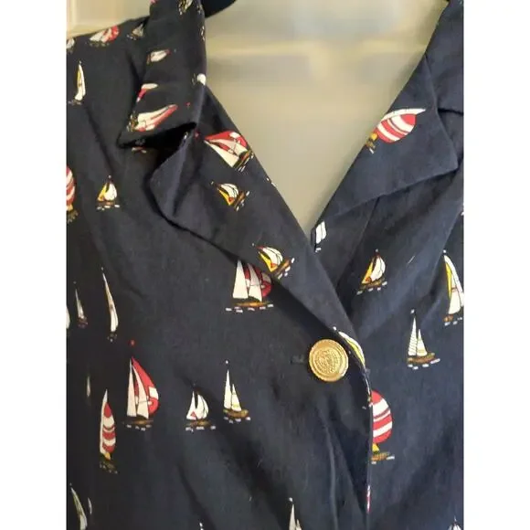 Liz Claiborne Button Up Shirt Blue Allover Sailboat Print Sz 14 Nautical Cruise - Picture 2 of 9
